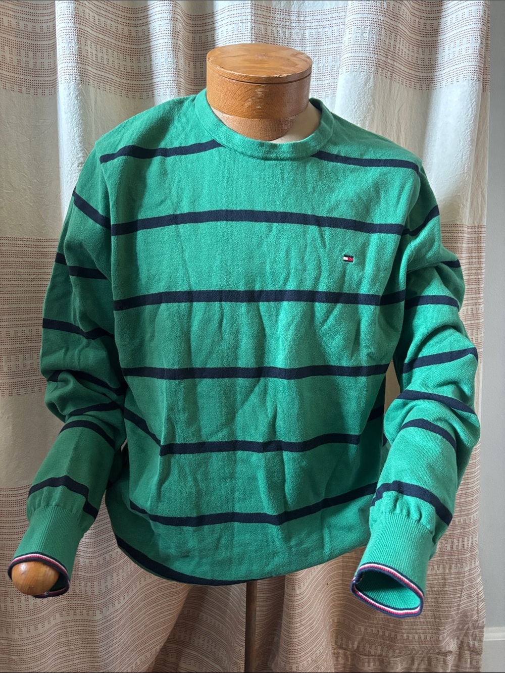Tommy Hilfiger Green Crewneck Sweater with Navy Stripes